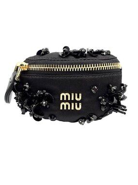 Miu Miu Bracelet Logo Mini Satin Pouch List Leather Black Gold
